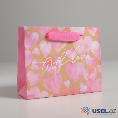 Пакет подарочный крафтовый With love, 27 × 23 × 11.5 см